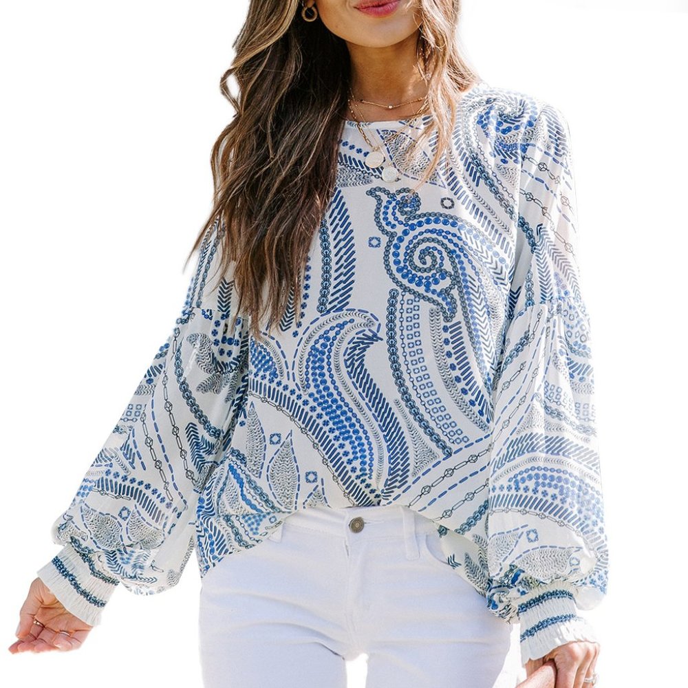 LANTERN SLEEVE BLUE & WHITE PAISLEY STYLE TOP